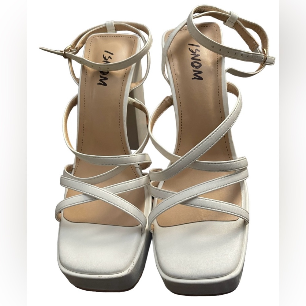 ISNOM Platform Chunky Heels Block Heel Sandals Square Toe and Ankle Strap Size 8